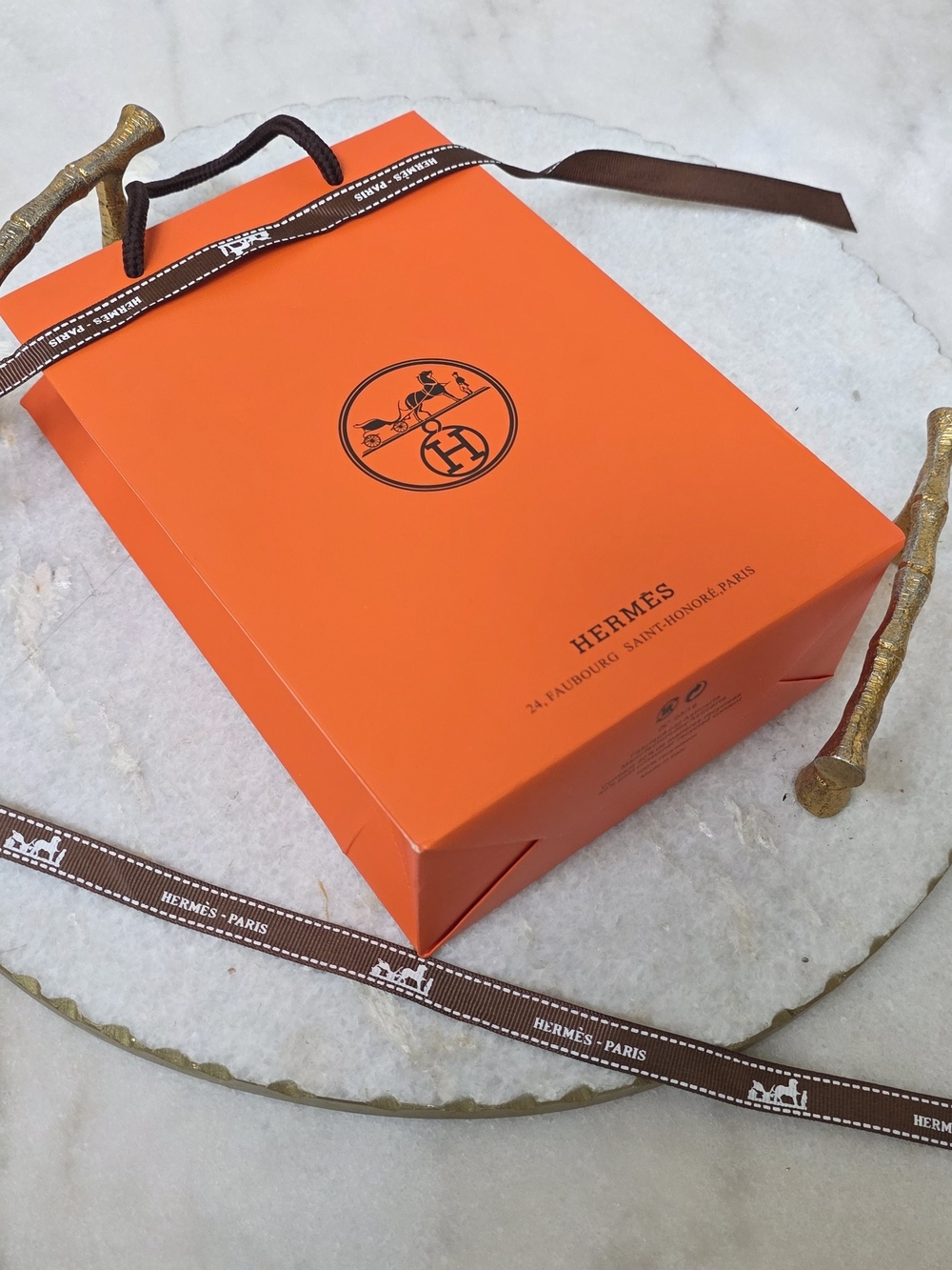 Hermes Paris Authentic Orange Shopping Gift Bag with Brown Ribbon 24 Faubourg